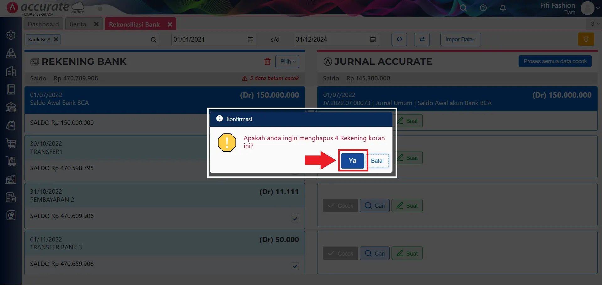 menghapus mutasi bank secara massal